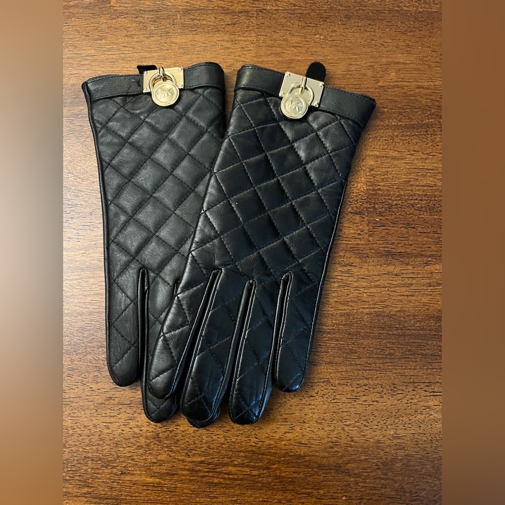 Michael Kors Black Quilted Leather Gloves with Gold Accents